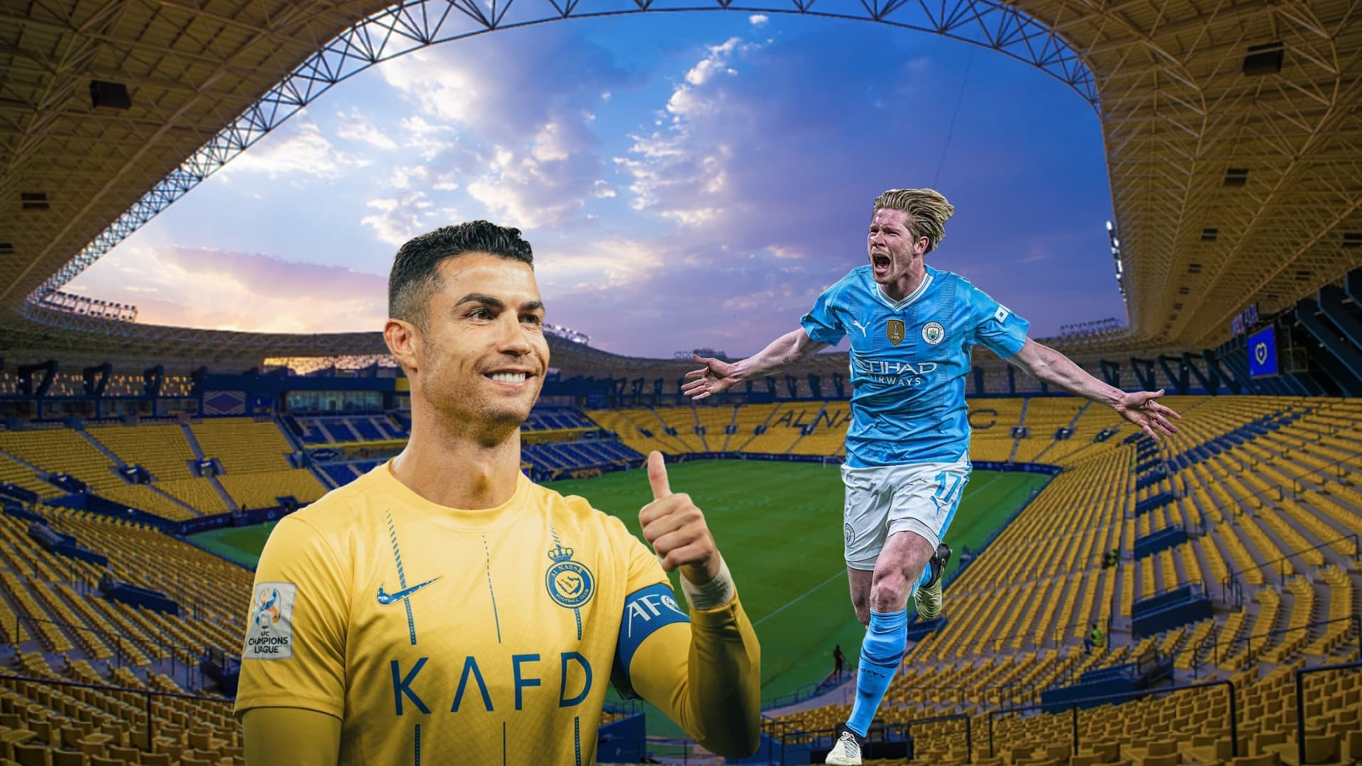 Cristiano Ronaldo smiles with a thumbs up while Kevin De Bruyne celebrates a goal for Man City.
