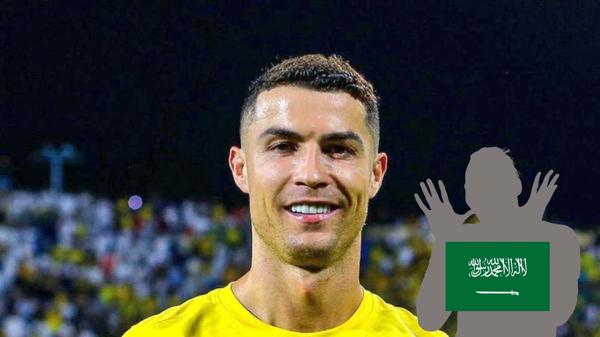 Cristiano Ronaldo smiles with an Al Nassr kit on and a mystery player has the flag of Saudi Arabia.