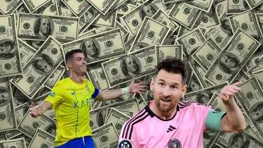 Cristiano Ronaldo smiles with his arms out wearing an Al Nassr kit while Lionel Messi looks make order with an Inter Miami kit; a background of hundred dollar bills.