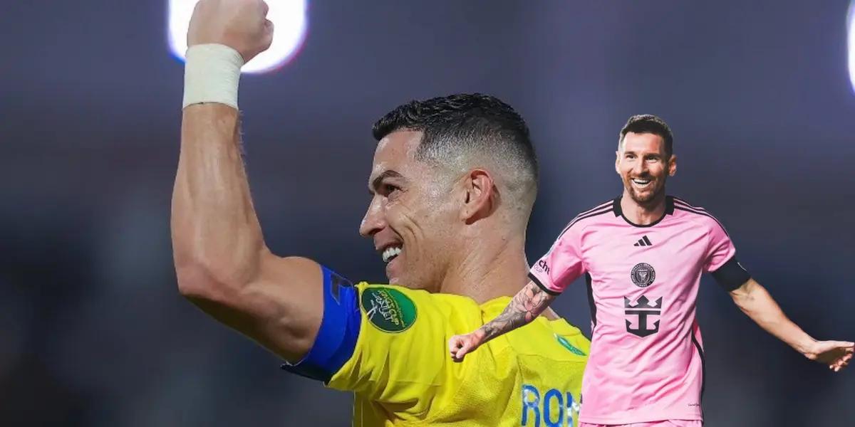 Cristiano Ronaldo smiles with his fist up in the air while Lionel Messi smiles with his arms out wearing an Inter Miami jersey.