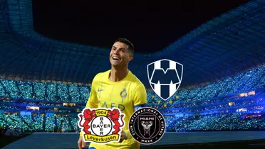 Cristiano Ronaldo smiling with an Al Nassr jersey at the background of Monterrey stadium. 