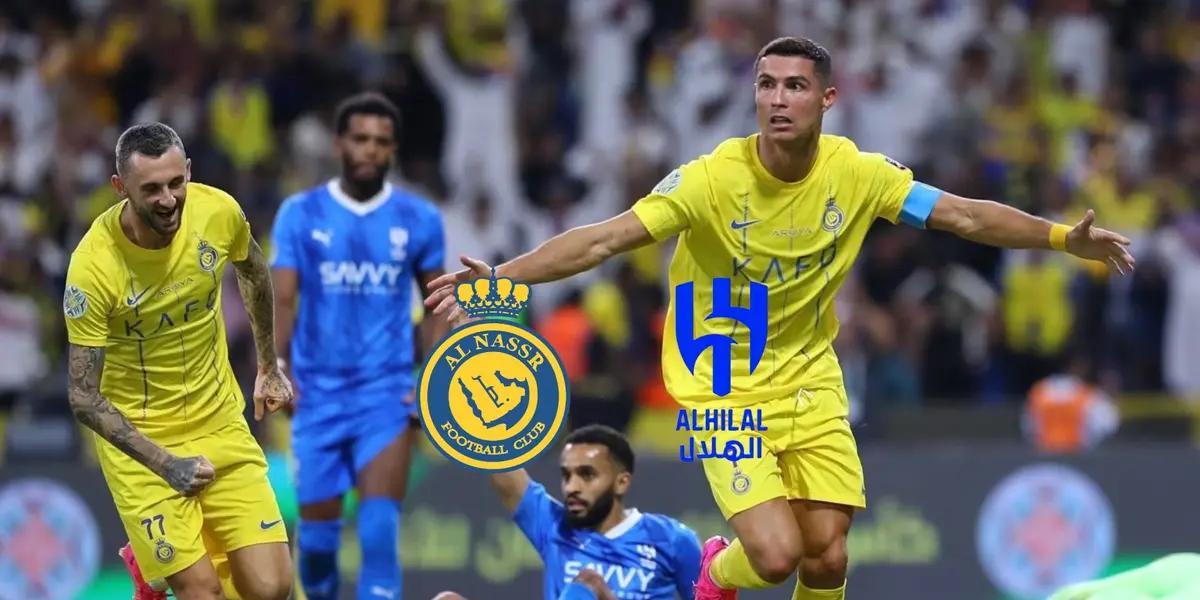 Cristiano Ronaldo sticks his arms out with Al Nassr against Al Hilal.