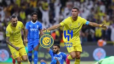 Cristiano Ronaldo sticks his arms out with Al Nassr against Al Hilal.