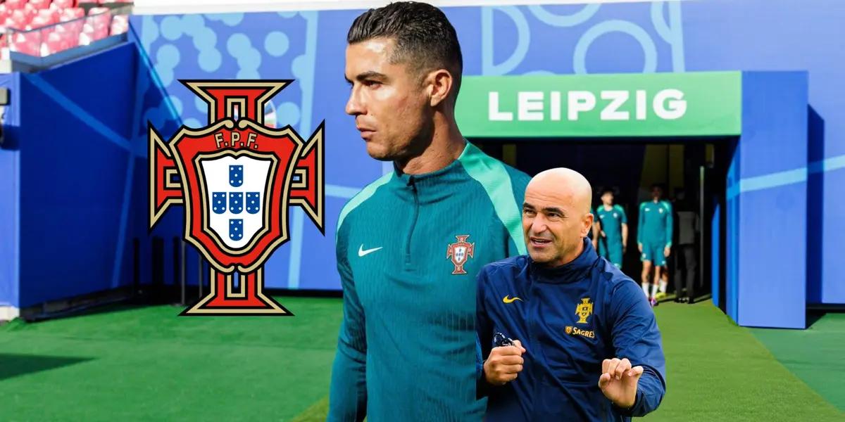 Cristiano Ronaldo wears the Portugal traning kit as Roberto Martinez wears the Portugal jacket; the Portugal national team badge is next to CR7. (Timeline CR7)