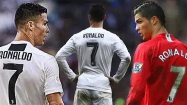 Cristiano Ronaldo with the number 7 oon Juventus, Real Madrid and Manchester United jerseys.