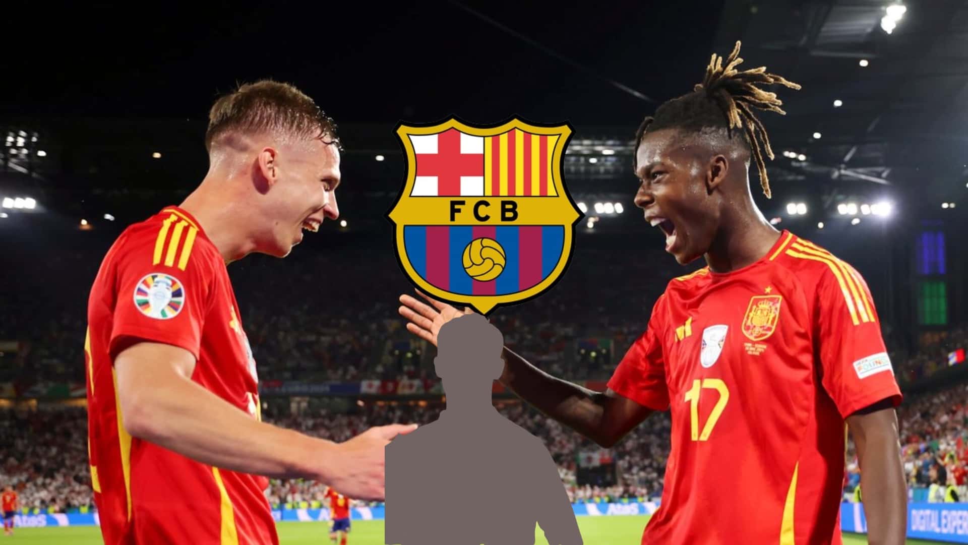 Dani Olmo and Nico Williams celebrate together for Spain while the FC Barcelona badge is above a mystery player.