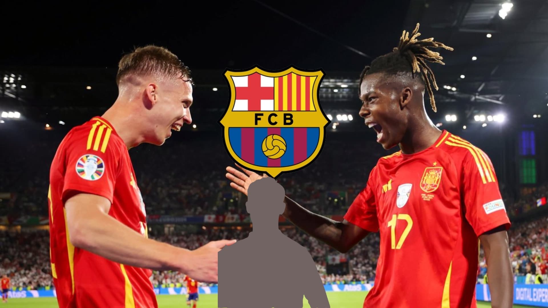 Dani Olmo and Nico Williams celebrate together for Spain while the FC Barcelona badge is above a mystery player.