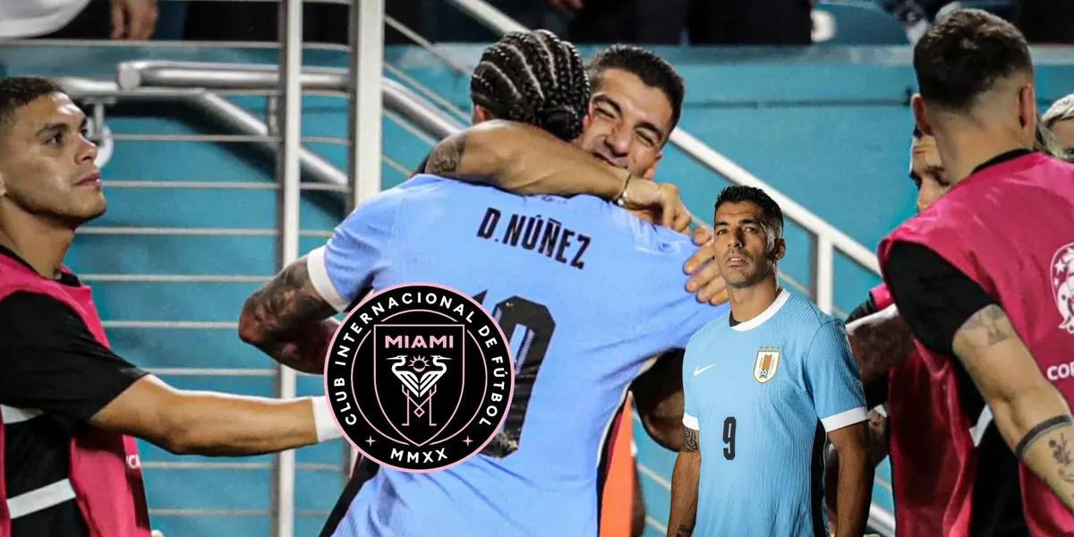 Darwin Nuñez hugs Luis Suarez while Suarez poses with the Uruguay jersey and the Inter Miami badge is next to him. (Source: ESPN FC X, Uruguay National Team X)