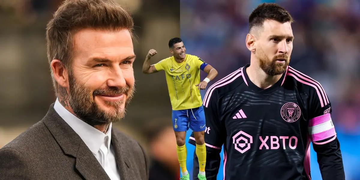 David Beckham smiles and Inter Miami looks focused with Inter Miami; Cristiano Ronaldo smiles wearing an Al Nassr jersey.
