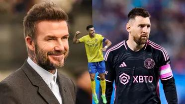David Beckham smiles and Inter Miami looks focused with Inter Miami; Cristiano Ronaldo smiles wearing an Al Nassr jersey.