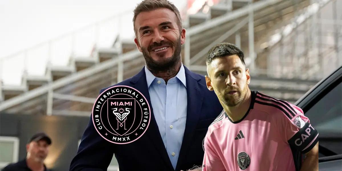 David Beckham smiles wearing a suit while Lionel Messi turns to the side wearing an Inter Miami jersey; the Inter Miami logo is on the left side.
