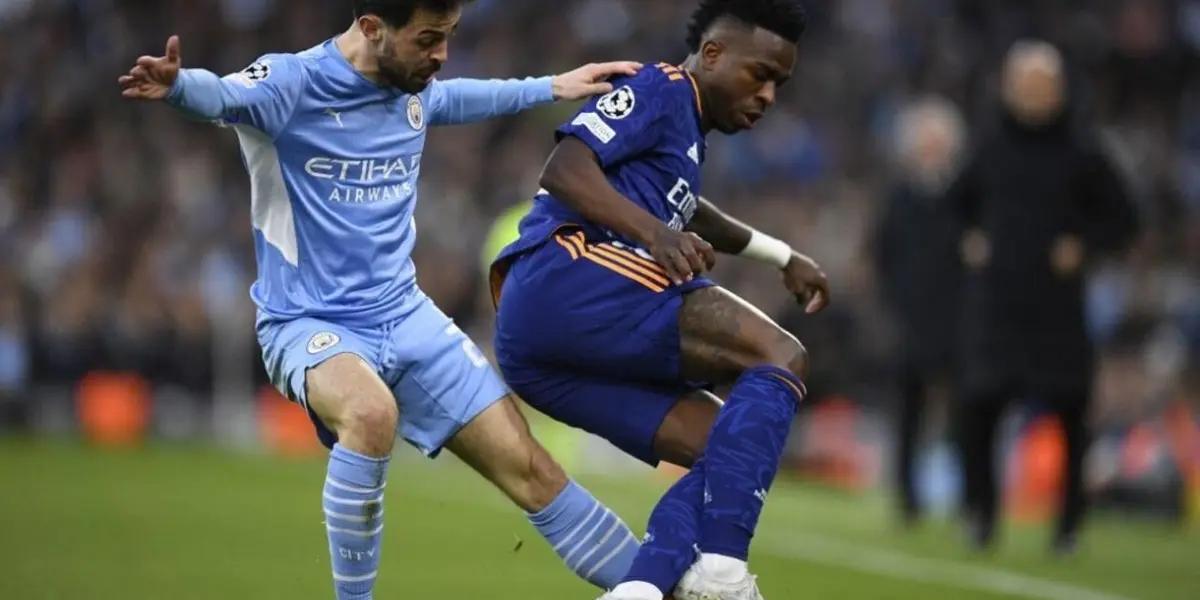 De Bruyne, Jesus, Foden and Silva scored for the home team. Benzema, twice, and Vinicius Jr. scored for the Spanish side.