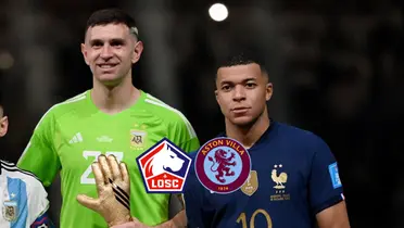 Emiliano Martinez and Kylian Mbappé pose for a picture after the 2022 World Cup final.