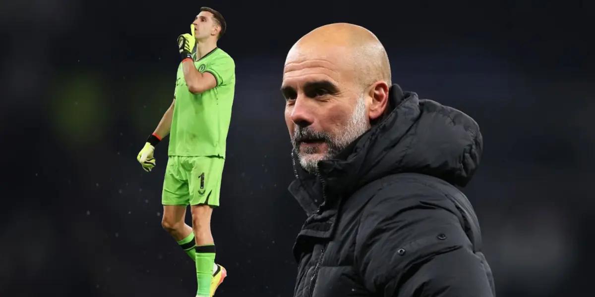 Emiliano Martinez shushes the crowd with his finger on his lips with an Aston Villa shirt and Pep Guardiola smirks while wearing a jacket.