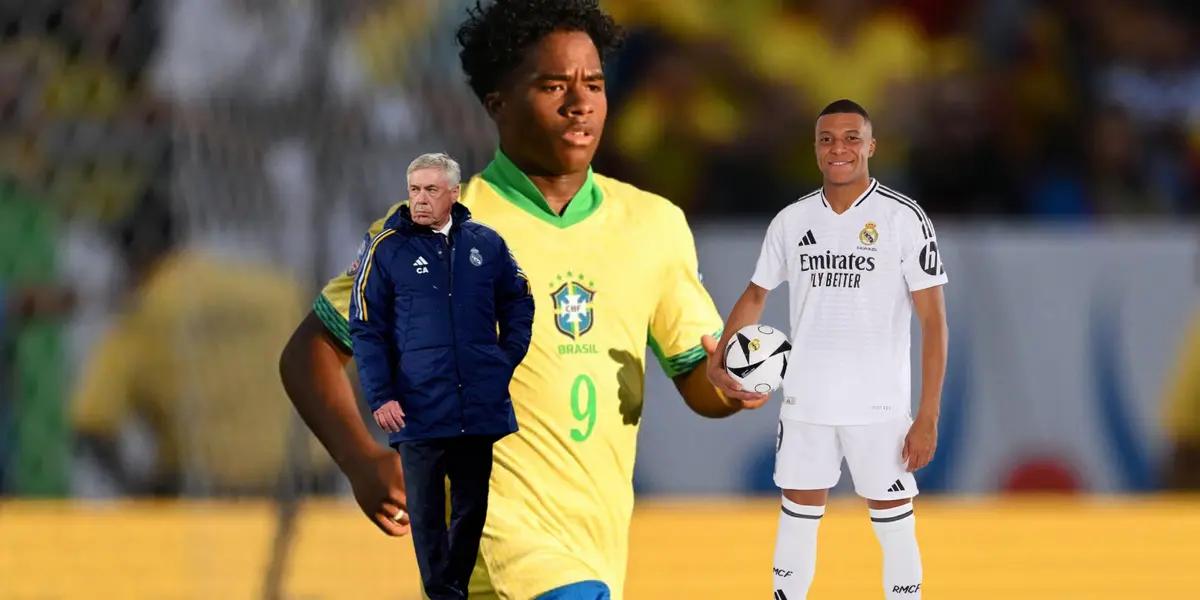 Endrick concentrates while playing for Brazil as Carlo Ancelotti wears a Real Madrid jacket and Kylian Mbappé wears the Real Madrid kit with a ball. (Source: Getty Images, Ancelotti X, Real Madrid)
