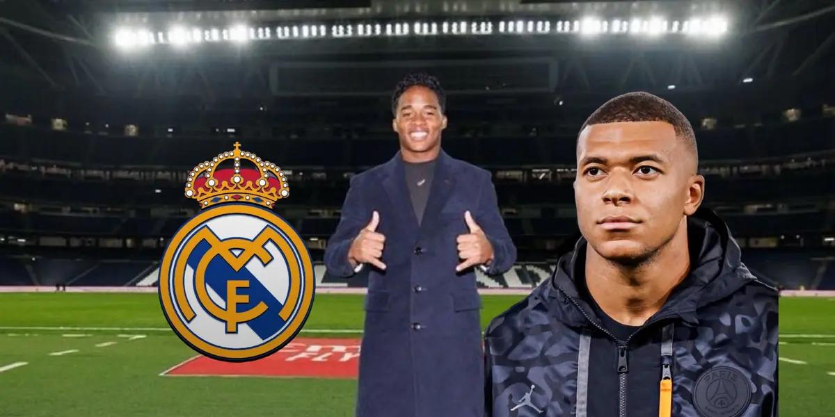 Endrick smiles and poses for a photo at the Santiago Bernabeu with the Real Madrid badge next to him and Kylian Mbappé focused wearing a PSG hoodie.