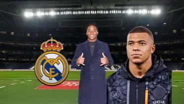 Endrick smiles and poses for a photo at the Santiago Bernabeu with the Real Madrid badge next to him and Kylian Mbappé focused wearing a PSG hoodie.