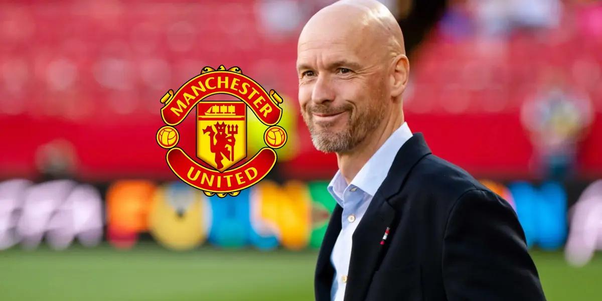 Erik Ten Hag has a big grin on his face as the Manchester United badge is next to him.