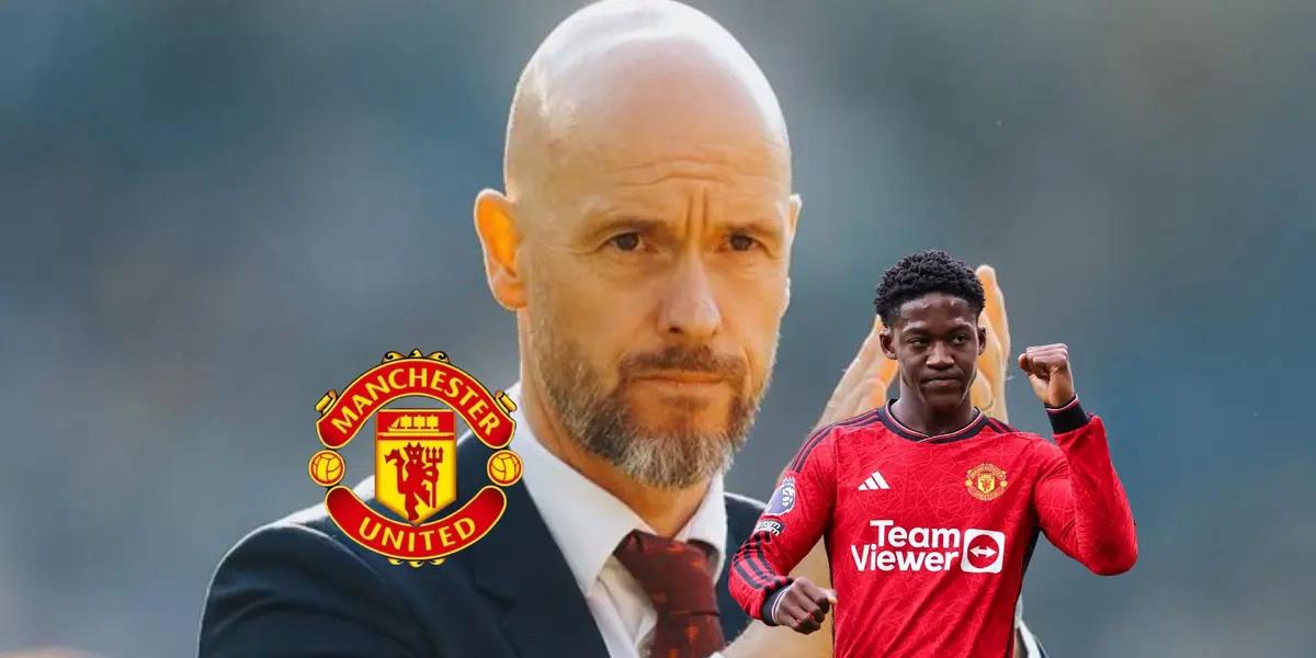 Erik Ten Hag looks serious and claps while Kobbie Mainoo has a fist up and is next to the Manchester United badge. (Source: Getty Images)