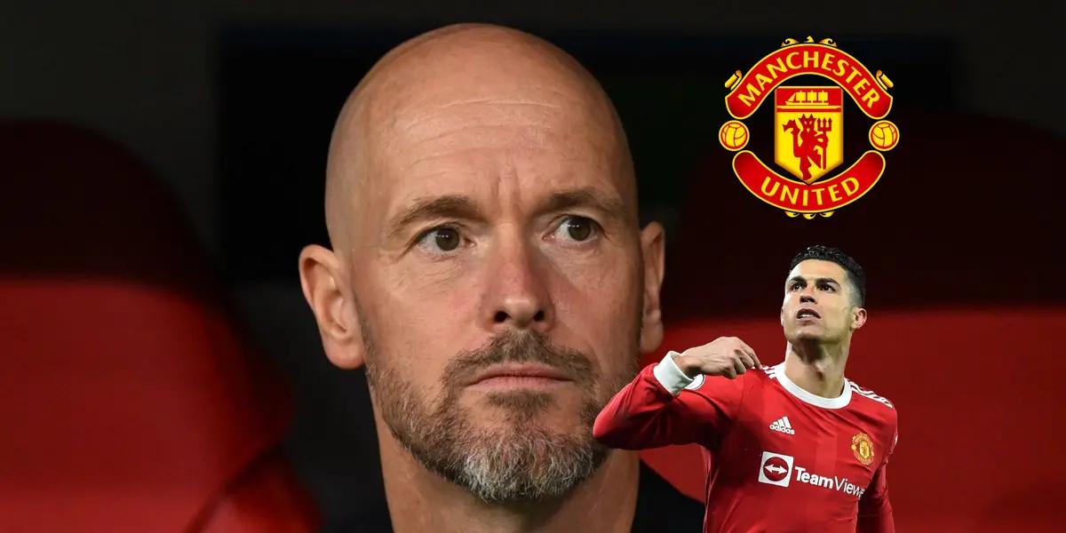 Erik Ten Hag serious as Man United coach while Cristiano Ronaldo celebrates with Man United.