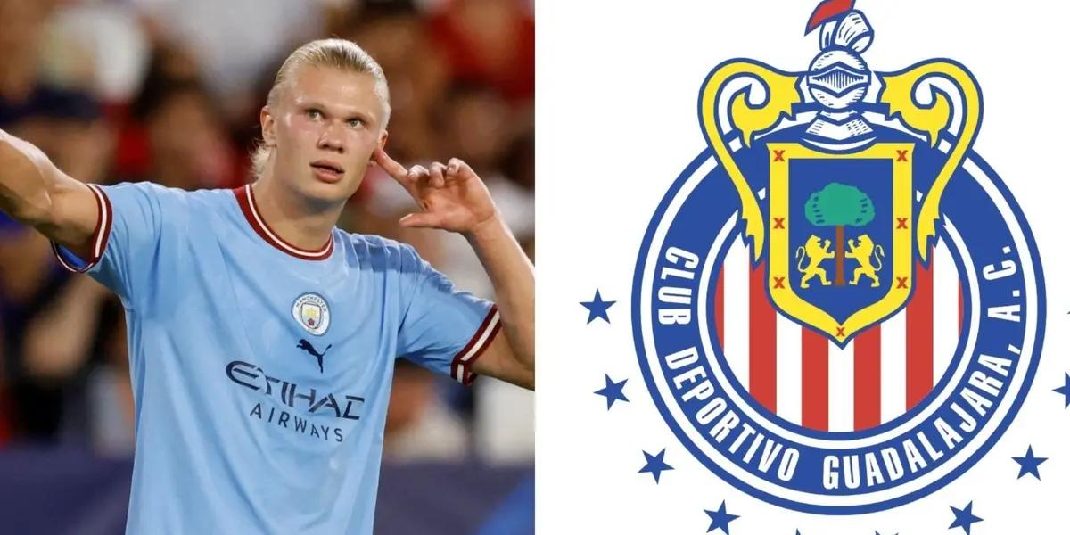 Erling Haaland with the Manchester City jersey and the Club Chivas badge.
