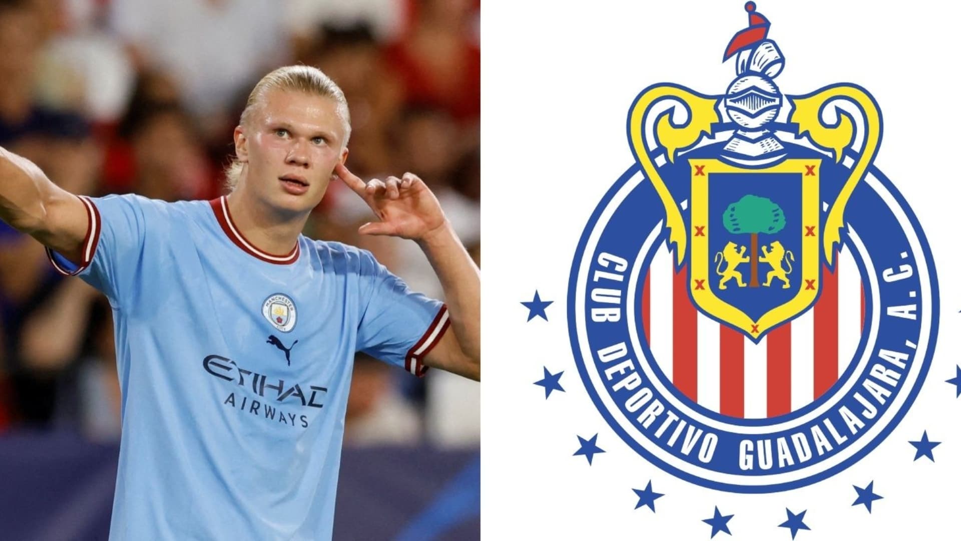 Erling Haaland with the Manchester City jersey and the Club Chivas badge.