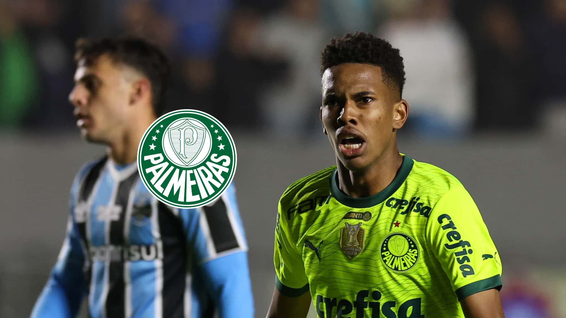 Estêvão Willian looks confused as he wears the Palmeiras away jersey and the club badge is next to him. (Source: Palmeiras X)