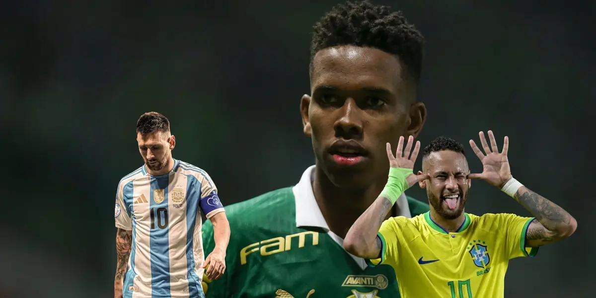Estevão Willian wears the Palmeiras jersey while Lionel Messi wears the Argentina jersey looking down and Neymar does his celebration with the Brazil jersey on. (Source: Getty Images, Team Neymar X)