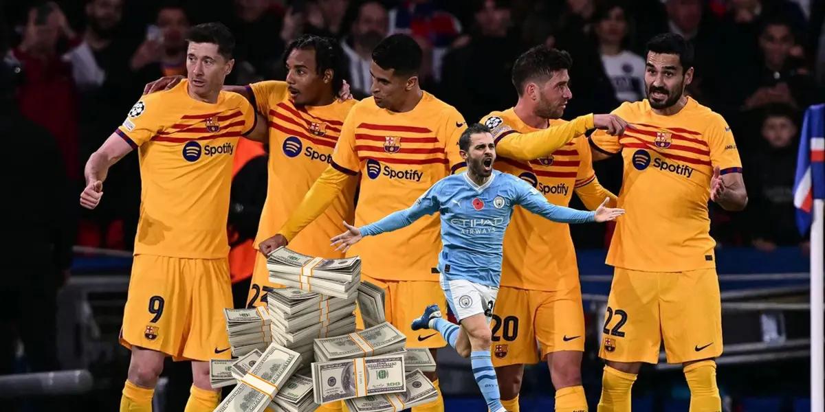 FC Barcelona celebrate a goal they scored against PSG at the Parc des Princes.