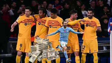 FC Barcelona celebrate a goal they scored against PSG at the Parc des Princes.