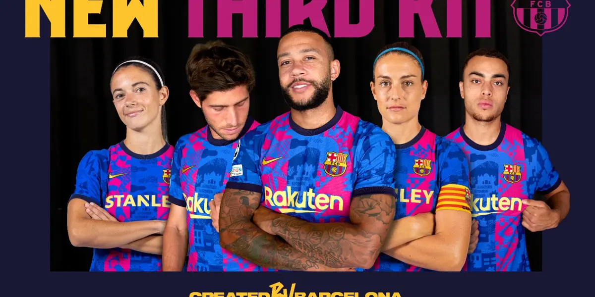 FC Barcelona's new third kit pays homage to their female team, the city of Barcelona and the whole of Catalonia. The kit will be worn by both the male and female teams in the UEFA Champions League only.