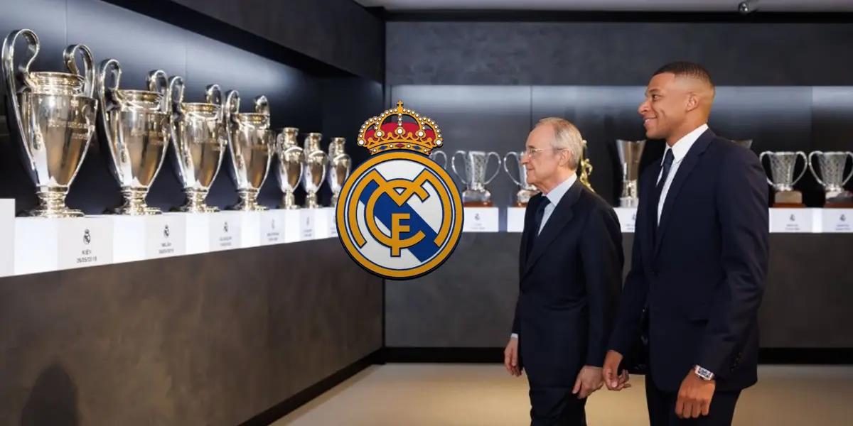 Florentino Perez and Kylian Mbappé looka the Champions League trophies while the Real Madrid badge is in between. (Source: Fabrizio Romano X)