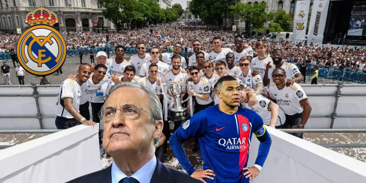 Florentino Perez looks up in the sky and Kylian Mbappé puts his hands on his hips wearing a PSG shirt; Real Madrid players lift the La Liga trophy.
