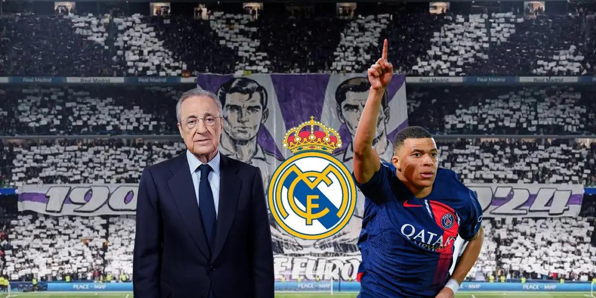 Florentino Perez seems focused while Kylian Mbappé points to the sky with PSG.