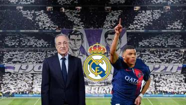 Florentino Perez seems focused while Kylian Mbappé points to the sky with PSG.