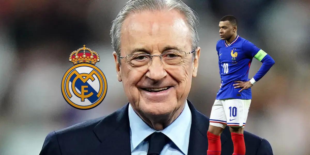 Florentino Perez smiles with a suit on and Kylian Mbappé looks serious with his hands on his hips wearing the new France national team jersey.