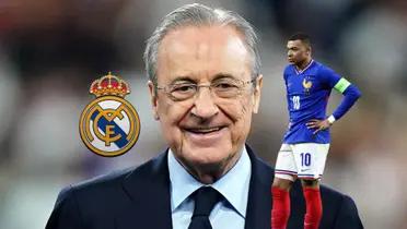 Florentino Perez smiles with a suit on and Kylian Mbappé looks serious with his hands on his hips wearing the new France national team jersey.