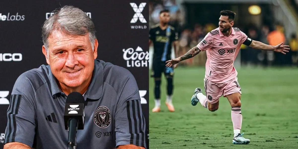 Gerardo Martino in press conference and Lionel Messi with the Inter Miami jersey.