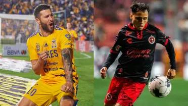Gignac celebrates with Tigres and a Tijuana player looks at the ball.