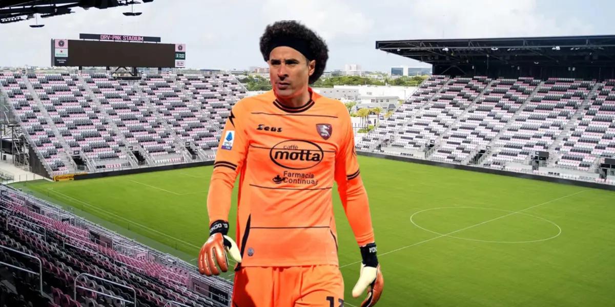Guillermo Ochoa with the Salernitana jersey and Inter Miami stadium at the back.