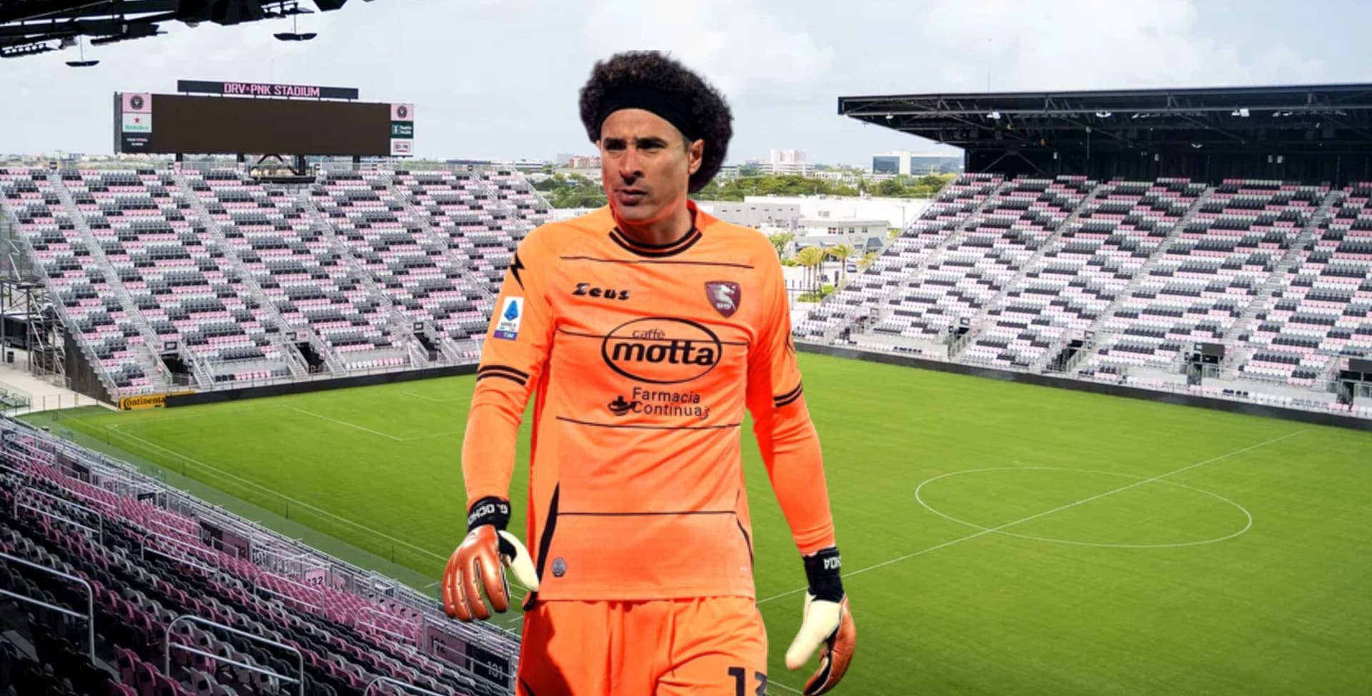 Guillermo Ochoa with the Salernitana jersey and Inter Miami stadium at the back.