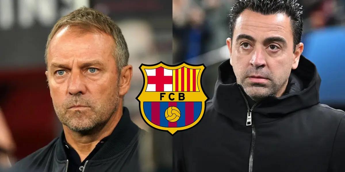 Hansi Flick looks serious and Xavi Hernandez looks up while the FC Barcelona badge is in the middle.