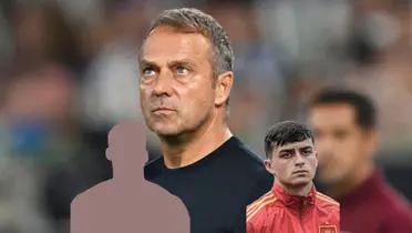 Hansi Flick looks upset while Pedri looks tired as he wears the Spain jacket and the mystery player is next to him. (Source: Sky Sports)