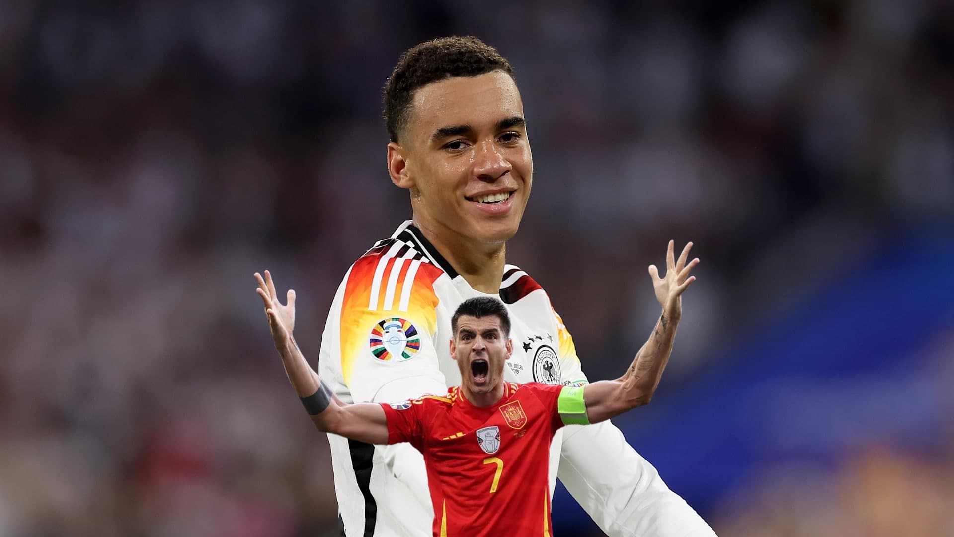 Jamal Musiala smiles as he scored for Germany at EURO 2024 while Alvaro Morata screams with a Spain jersey at EURO 2024. (Source: Getty Images, UEFA EURO 2024)