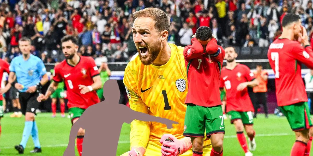 Jan Oblak celebrates a penalty save while Cristiano Ronaldo puts his hands on his head in disbelief and a mystery player points at him. (Source: BR Football X)