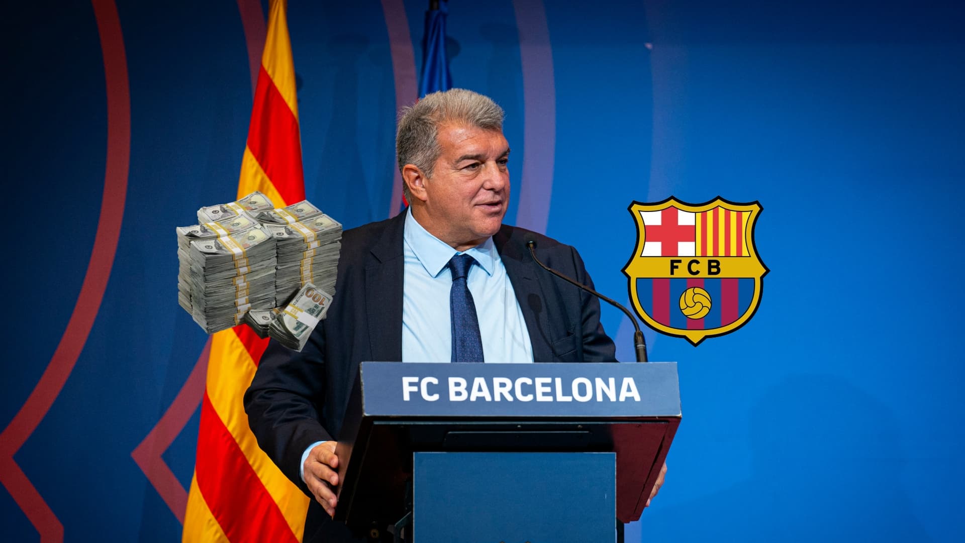 Joan Laporta speaks on an FC Barcelona podium as the club badge and a stack of cash is next to him. (Source: FC Barcelona)