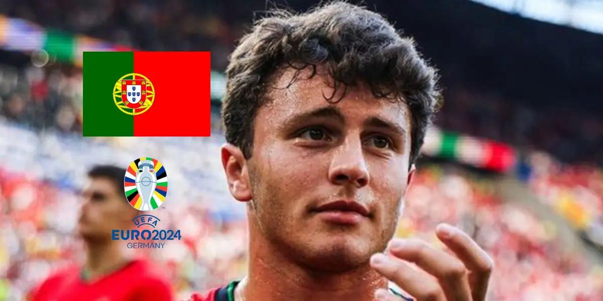 João Neves claps to the fans as he wears the Portugal jersey; the Portugal flag and the EURO 2024 logo is next to him. (Source: SL Benfica X, UEFA)