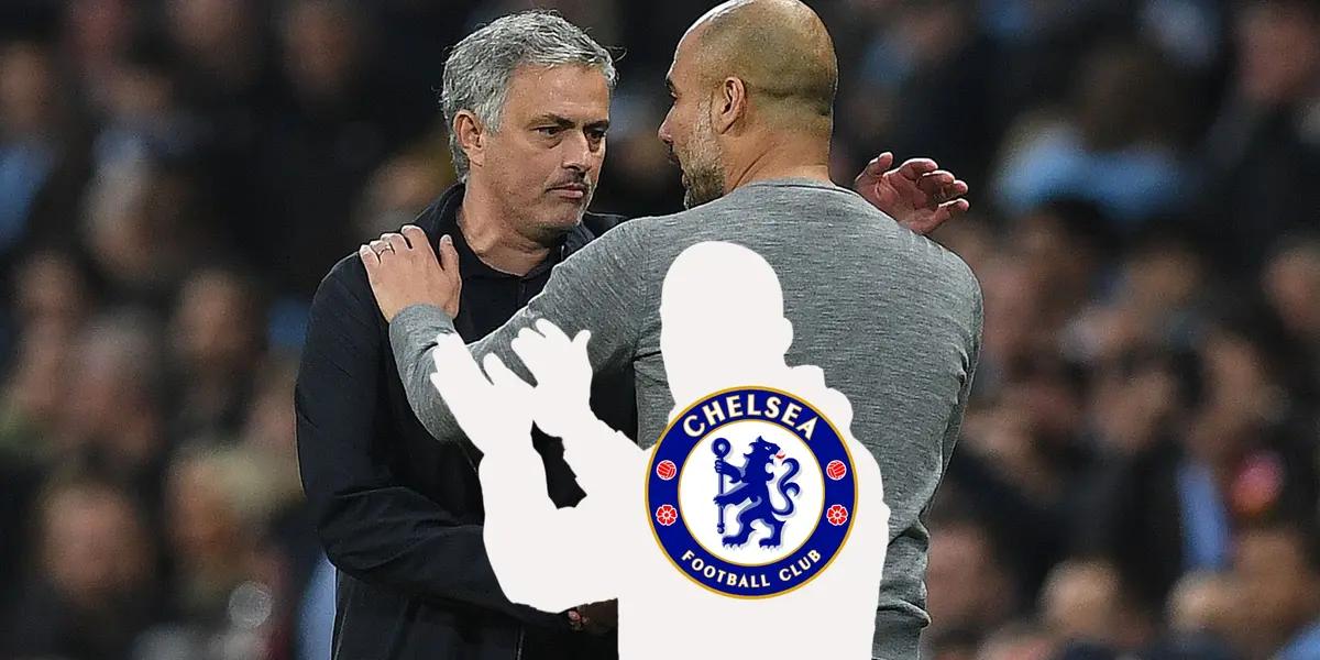 Jose Mourinho and Pep Guardiola greet each other while the mystery manager as the Chelsea badge on him.