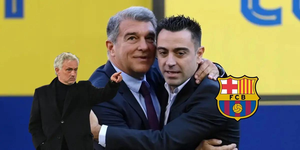 Jose Mourinho points while Joan Laporta and Xavi Hernandez hug each other next to the FC Barcelona badge.