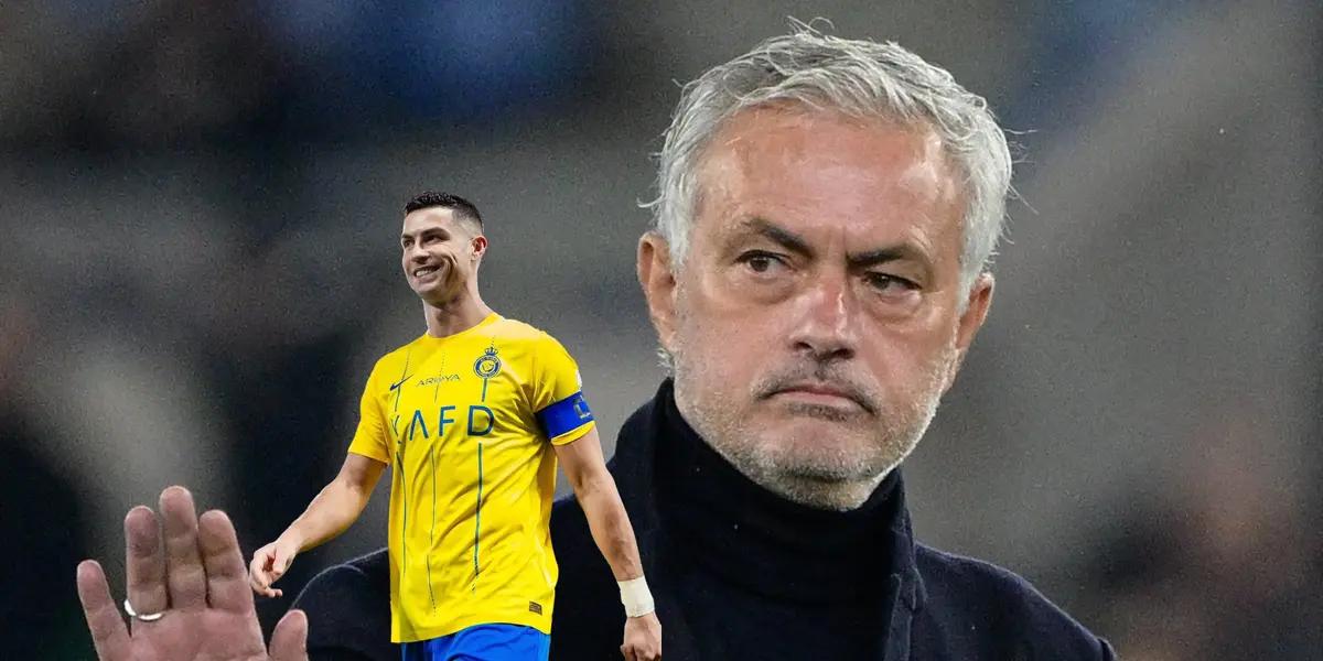 Jose Mourinho puts his hand up with a serious face and Cristiano Ronaldo smiles while wearing an Al Nassr jersey.